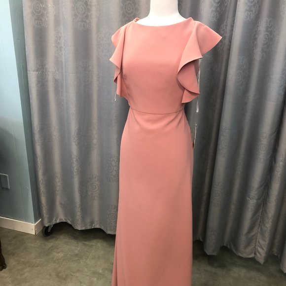 New Dessert Rose Crepe Dress, Ruffle Flutter Sleeve Bridesmaid Formal Dessy - Picture 3 of 16